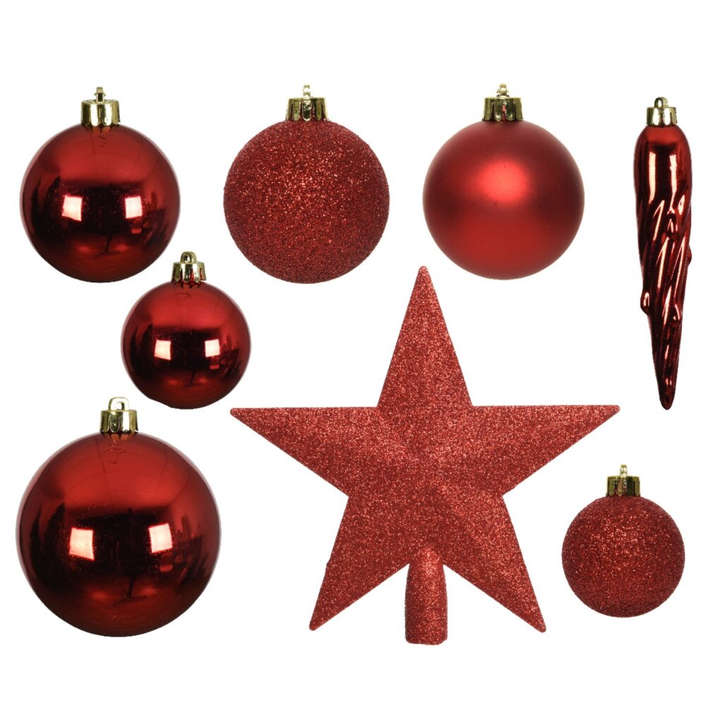 Decoris Kunststof Kerstballen Mix 8 Cm + Piek Kerstrood 33 Stuks