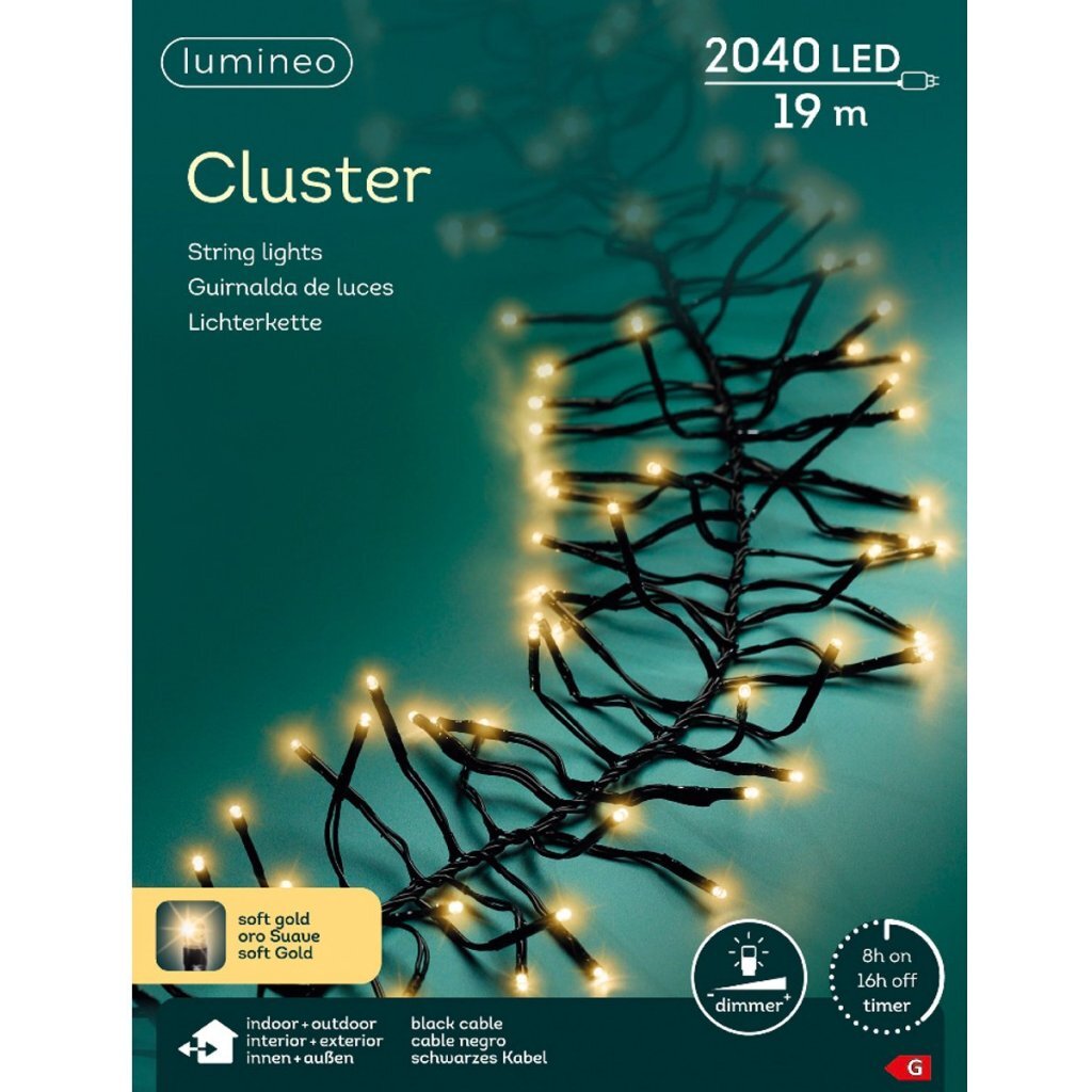 Lumineo Cluster Led Snoer Voor Buiten 2040 Leds 1900 Cm Soft Gold Licht Zwart
